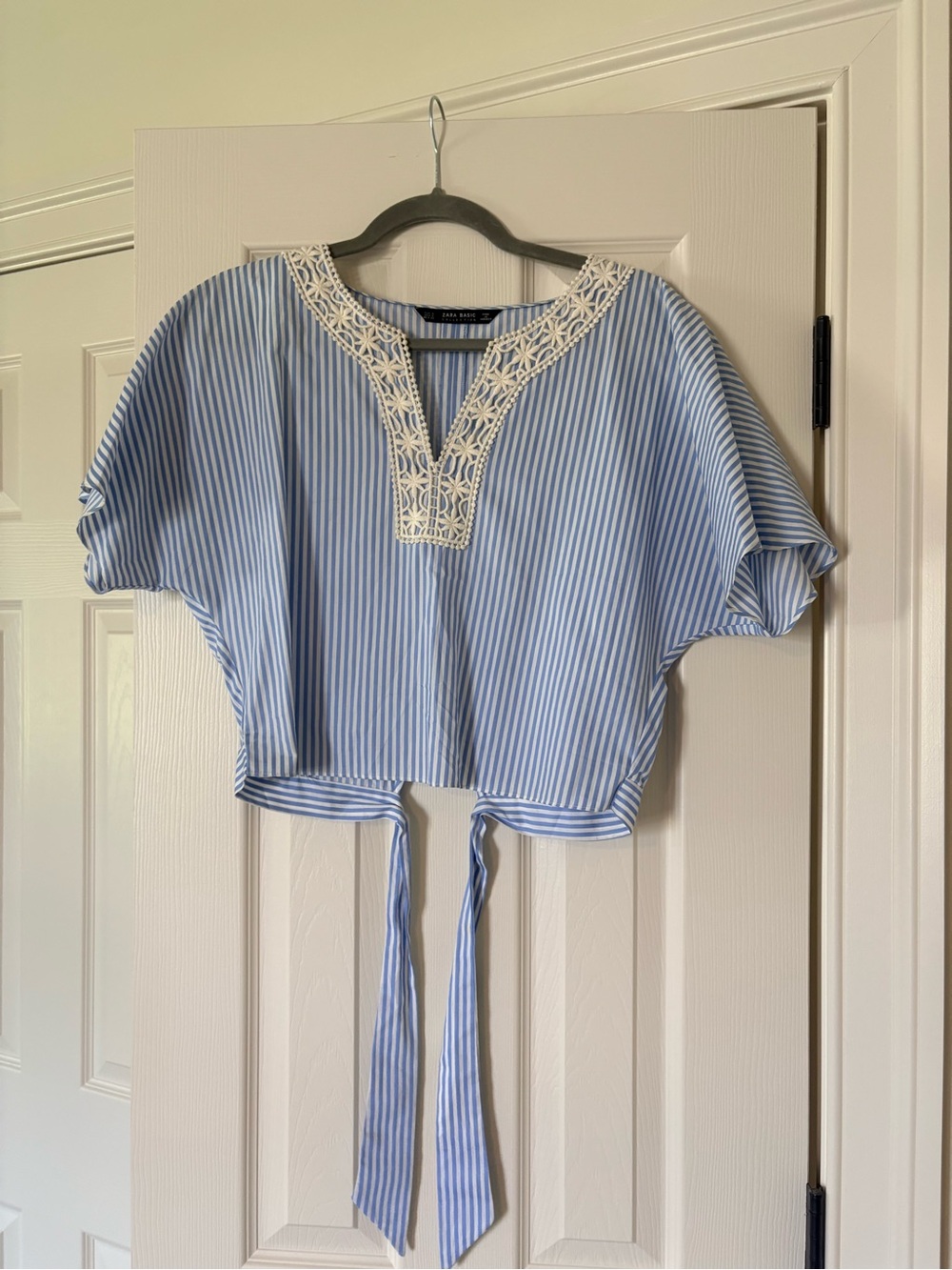 Zara Cropped Blue Stripe TieTop with Lace Trim